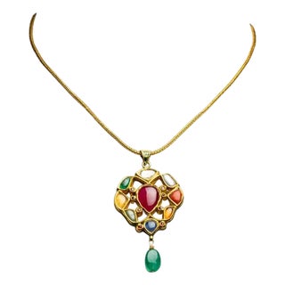 1990s 22K Gold Navratna Reversible Pendant Necklace For Sale