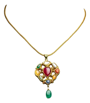 1990s 22K Gold Navratna Reversible Pendant Necklace