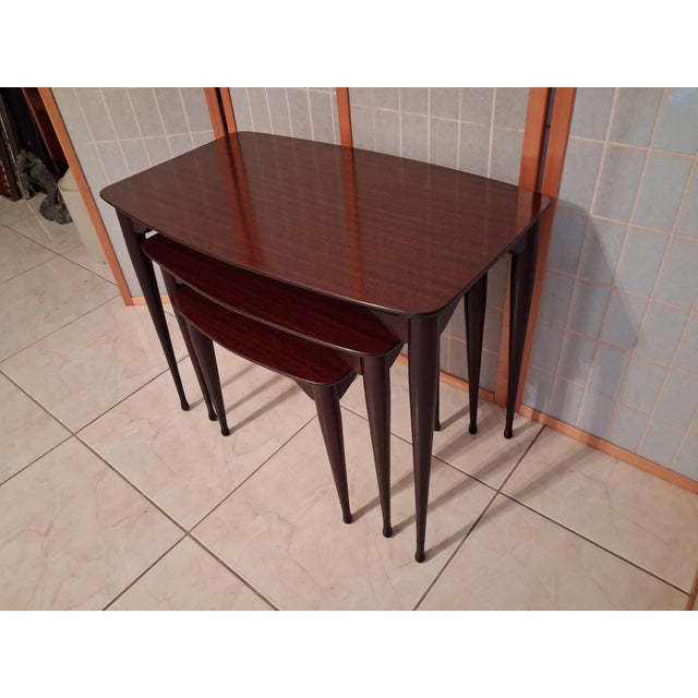 Wood Vintage Mid Century Modern Nesting Tables Set of Three Mahogany With Mahogany Laminate Tops. For Sale - Image 7 of 17