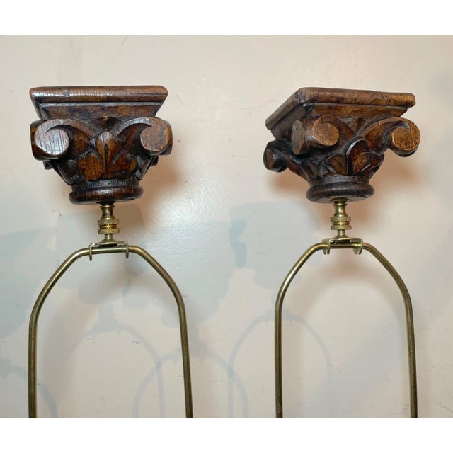 Pair of Antique 1800's Carved Wood Figural Sculpture Architectural Salvage Lamps For Sale - Image 10 of 12