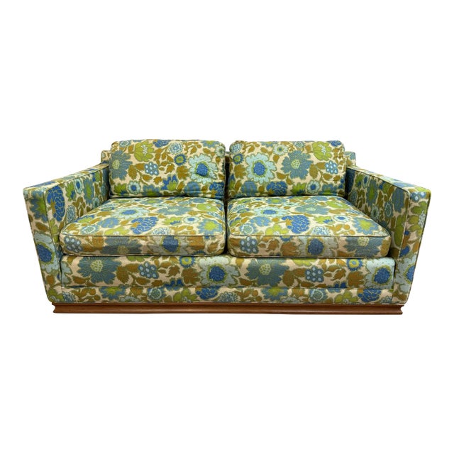 1960s Mid Century Modern Loveseat by Flair Furniture in Bold Blue Green Floral Upholstery For Sale