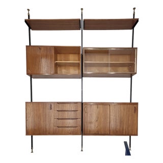 Large Mid-Century Modern Italian Modular Wall Unit in Teak, Black Lacquered Metal and Brass, 1960s For Sale