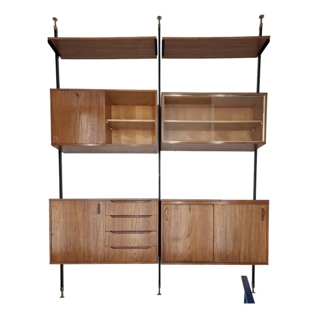 Large Mid-Century Modern Italian Modular Wall Unit in Teak, Black Lacquered Metal and Brass, 1960s For Sale