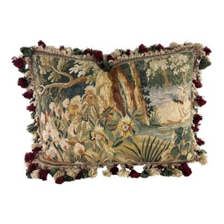 Vintage Hand Woven Tasseled Aubusson Tapestry Pillow For Sale
