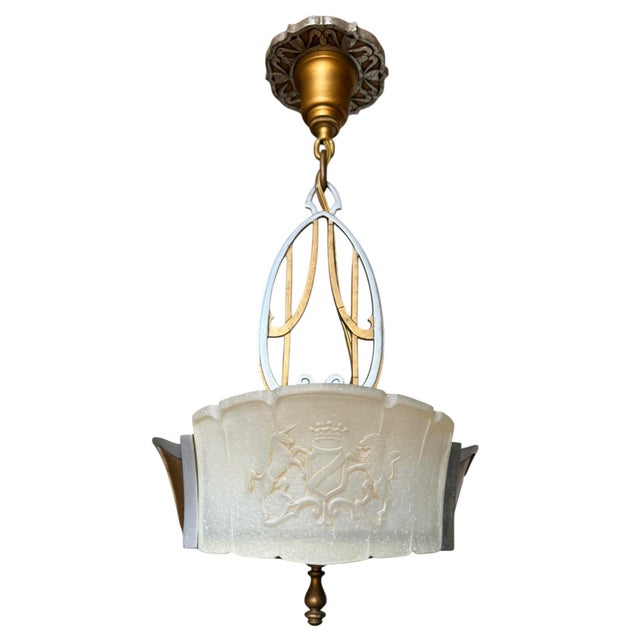 Metal 1930s Rare Art Deco Hanging Ceiling Light With Crest Motif For Sale - Image 7 of 9