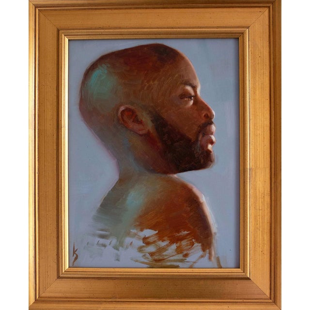 This oil on panel artwork presents a striking profile of a figure, characterized by smooth, flowing brushstrokes that...