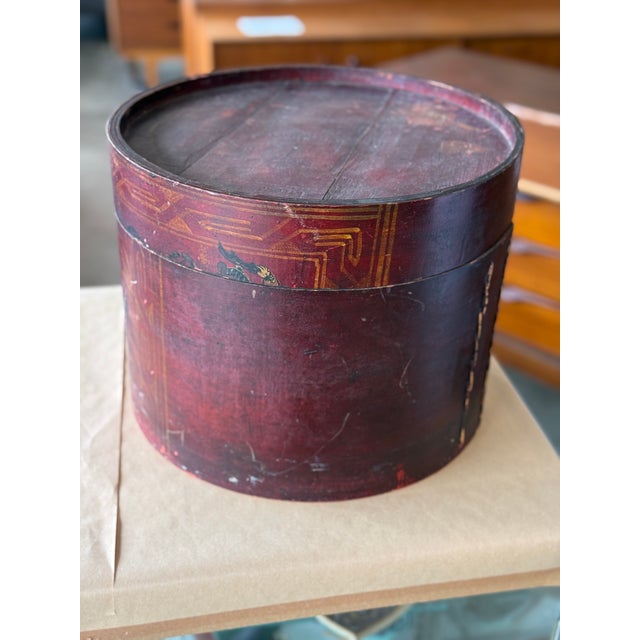 Wood Red Antique Original Wooden Chinese Handpainted Hat Box / Basket For Sale - Image 7 of 7