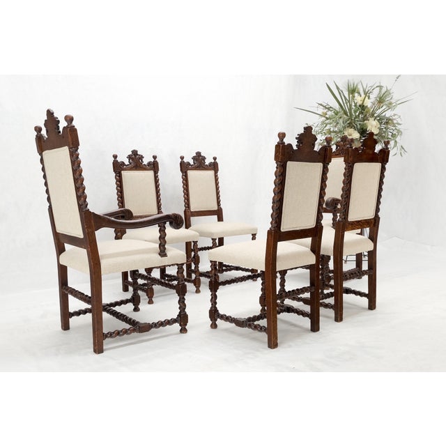 6 Fine Carved Oak Lion Heads Twisted Legs New Upholstery Jacobean Dining Chairs For Sale - Image 11 of 14