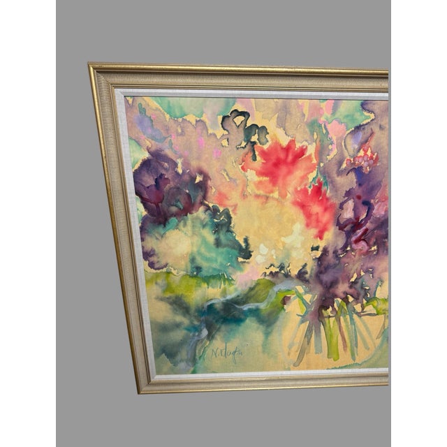 Late 20th Century Original Signed Watercolor Floral Still Life Painting Framed Mid Century Modern For Sale - Image 4 of 7