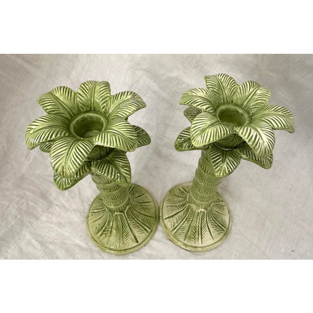 Green pair of ceramic Palm Tree candle holders, perfect to mix and match with other makers like Fitz and floyd. Perfect...