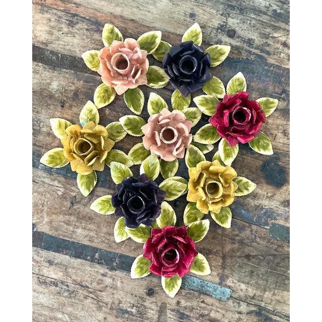 Vintage Hand Painted Tole Roses Candle Holders - Set of 8 For Sale - Image 10 of 12