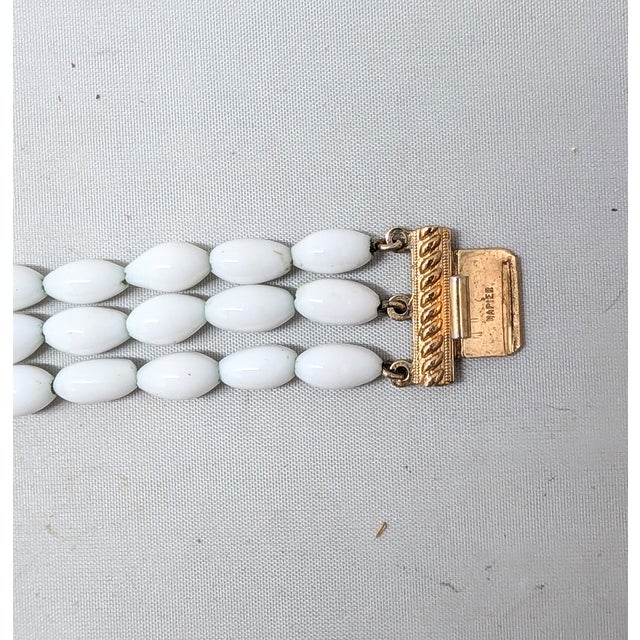 Mid-Century Modern Vintage 1960s Signed Napier Goldtone & White Beaded Asian Influenced Bracelet For Sale - Image 3 of 13
