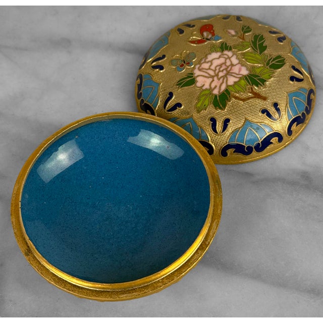 Vintage Chinese Cloisonne Brass & Enamel Round Storage Box For Sale - Image 6 of 7