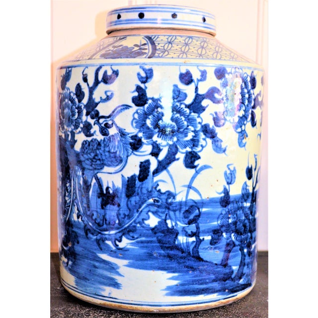 Monumental Porcelain Blue White Pheasant Tea Jar For Sale - Image 4 of 9