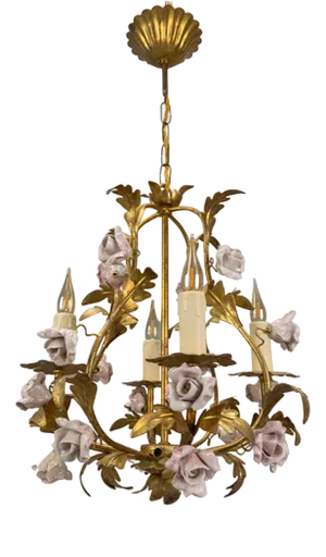 Hollywood Regency Style Gilt Metal and Pink Porcelain Roses Chandelier, Italy, 1970s