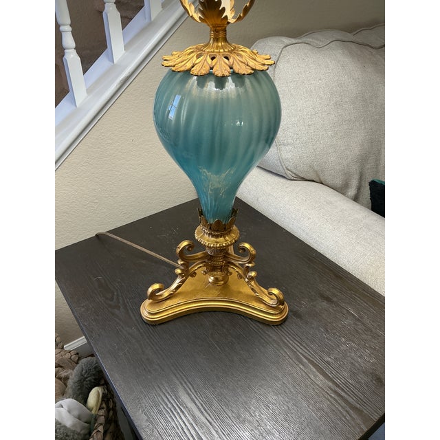 Mid 20th Century Regency Style Desk Lamp W/ Murano Blue Swirled Opalescent Glass For Sale In Las Vegas - Image 6 of 6