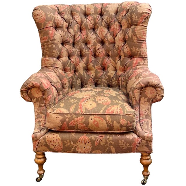 Victorian Large Scale Victorian English Ralph Lauren Style Tufted Wingback Chair For Sale - Image 3 of 7