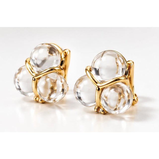 Modern Late 20th Century Pair Baccarat 18k Yellow Gold Clear Crystal Glass Earrings For Sale - Image 3 of 5