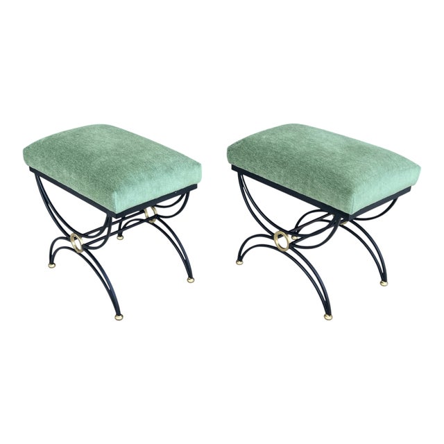 1980s Hand-Forged Sculptural Wrought Iron Accent Benches in Dark Green Mohair- A Pair For Sale - Image 12 of 13