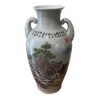 Vintage Asian Celadon Crackle Glaze Vase With Landscape, Calligraphy and Makers Mark For Sale