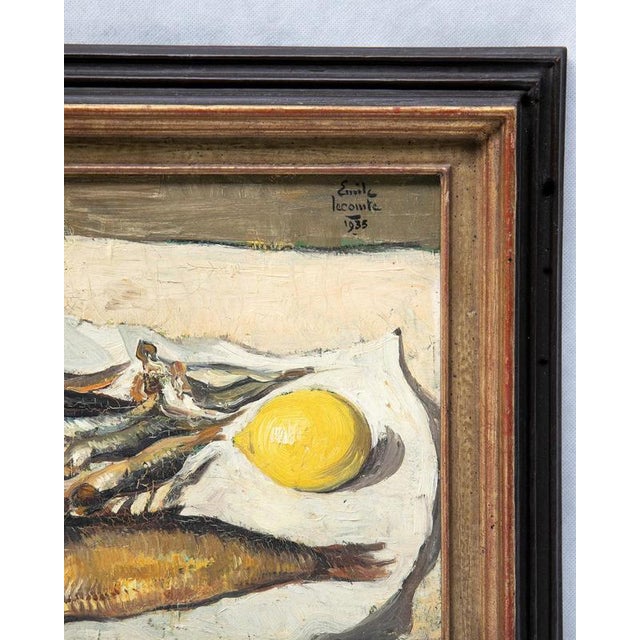 Émile Lecomte, Still Life with Fish, Shrimp & Lemon, 1935, Oil Painting on Canvas, Framed For Sale - Image 6 of 13