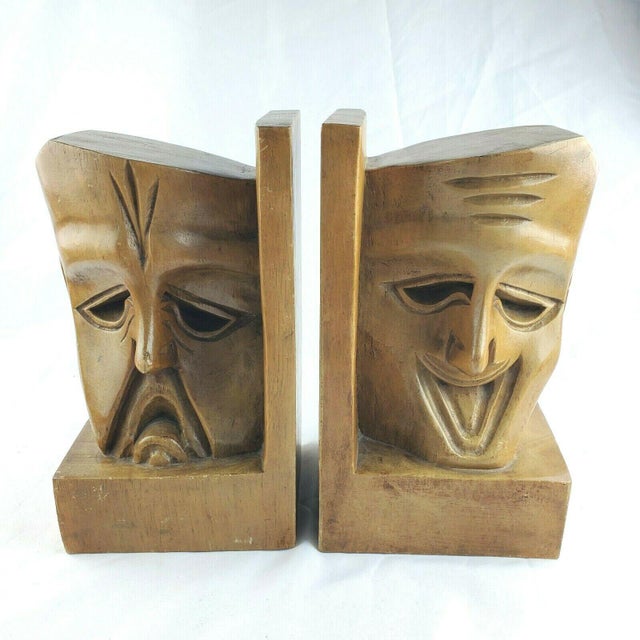 Mid 20th Century Theater Comedy Tragedy Teak Wood Bookends - a Pair For Sale - Image 9 of 9