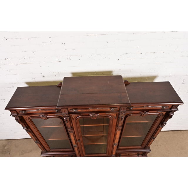 Herter Brothers Style Antique Eastlake Victorian Carved Walnut and Burl Wood Triple Bookcase Cabinet, Circa 1880s For Sale - Image 11 of 14