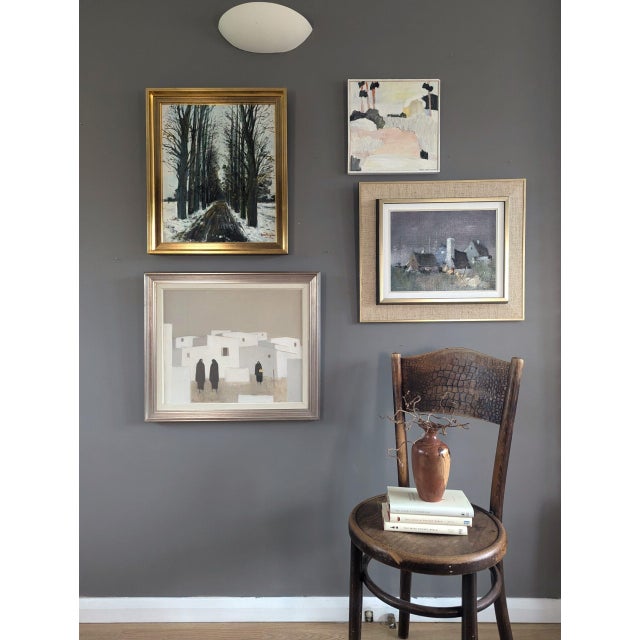 Mid-Century Modern Mid-Century Modern 'Quiet Commune' Original Figure City Oil Painting by Swedish Artist Fabian Lundqvist (1913-1989), Framed For Sale - Image 3 of 12