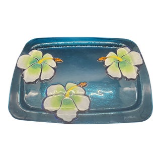 Vintage Signed Jan Mitchell Studio Art Fused Glass Hibiscus Flower Blue Tray For Sale