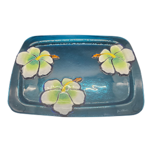 Vintage Signed Jan Mitchell Studio Art Fused Glass Hibiscus Flower Blue Tray