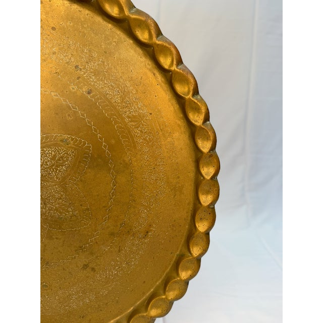 Mid 20th Century Large Vintage Engraved Brass Tray With Botanical Decoration and Scalloped Rim For Sale - Image 5 of 13