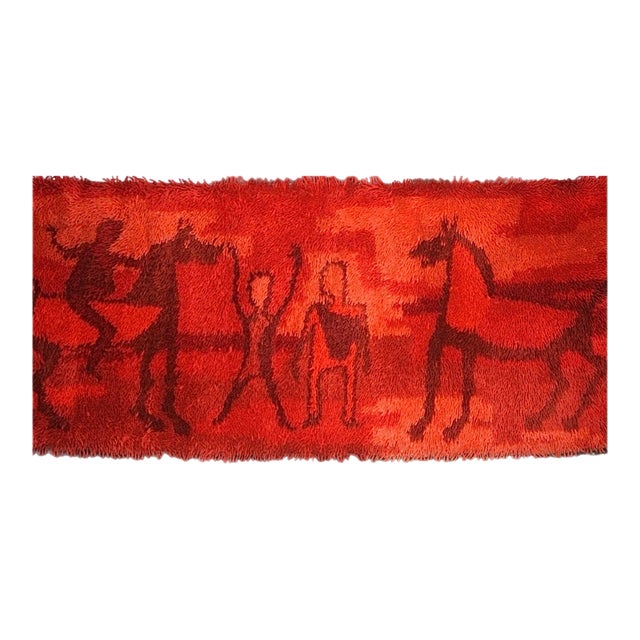 Sale! 60s Vintage Ege Rya Rug Wool Danish Modern Cubist Etruscan Horses & Riders Textile Art Wall Hanging For Sale