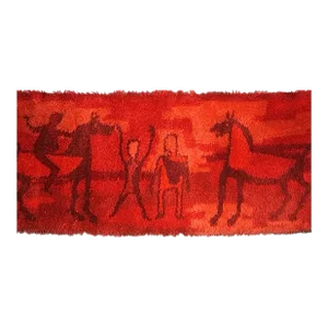 Sale! 60s Vintage Ege Rya Rug Wool Danish Modern Cubist Etruscan Horses & Riders Textile Art Wall Hanging
