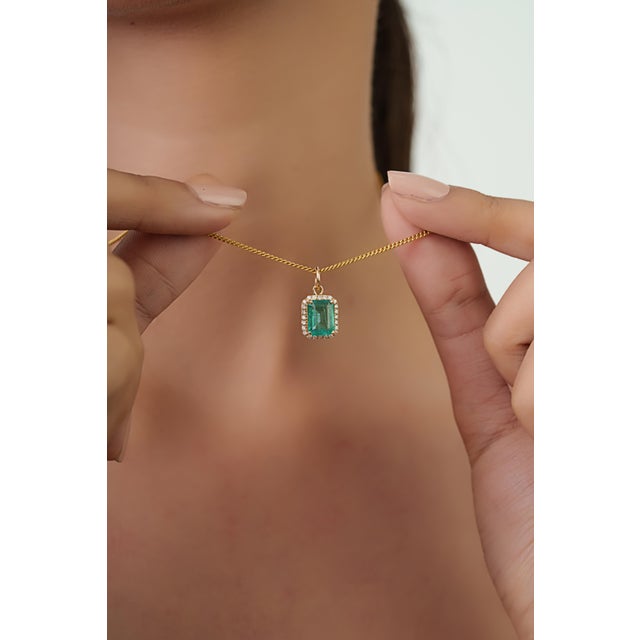 Not Yet Made - Made To Order Art Deco Charm 1.55ct Emerald Diamond Halo Pendant in 14k Yellow Gold For Sale - Image 5 of 14