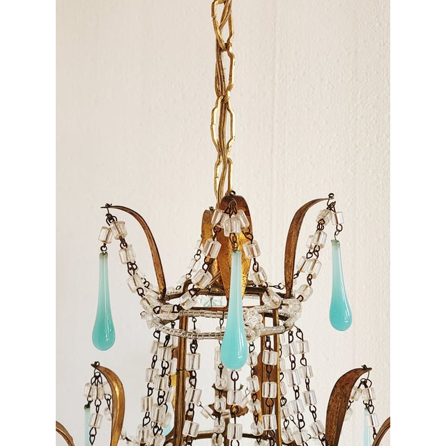 Metal Vintage Gilt Metal Italian Chandelier With Blue Opaline Crystals For Sale - Image 7 of 12