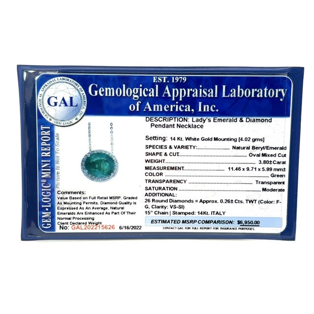 Natural Emerald Diamond Pendant Necklace 15" 14k WG 4.06 TCW Certified For Sale - Image 10 of 10