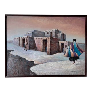1980s Vintage Southwestern Adobe Landscape Oil Painting – Signed For Sale