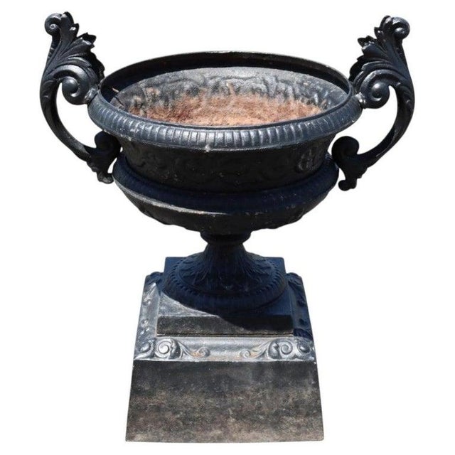 Large Antique Classical Cast Iron Garden Urn With Handles on Base C1900 For Sale - Image 4 of 7