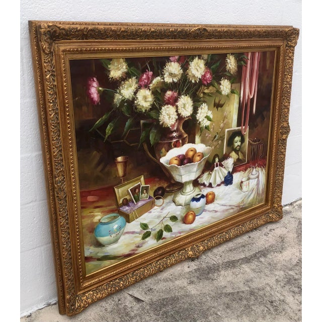 P. Mozah 20th Century Oil Painting, Still Life, Spring Flowers, Ornate Gold Frame For Sale - Image 12 of 15