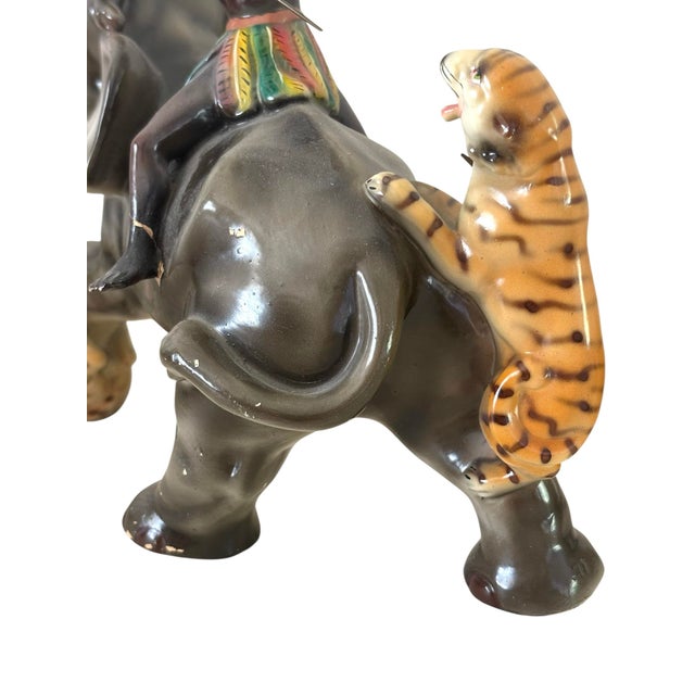 Mid-Century Modern MCM 1950s Blackamoor Zulu Nubian Mahout Warrior on Elephant Battles W/ Tigers For Sale - Image 3 of 12