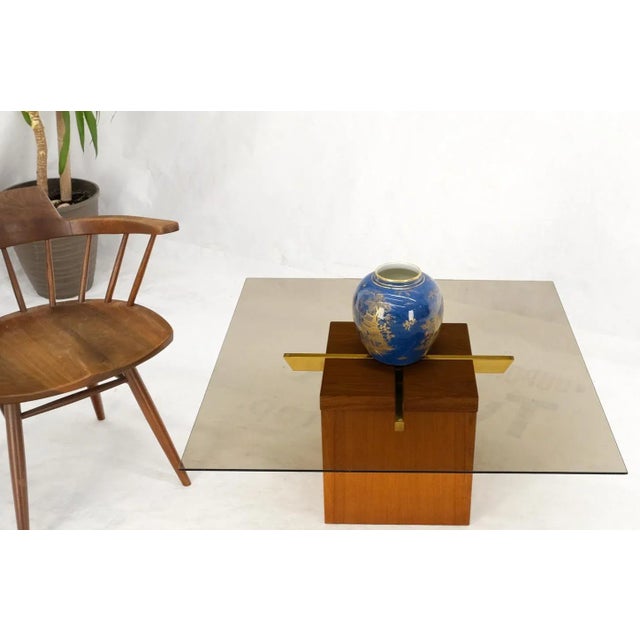 Teak cube & brass x base danish modern bronze smoked square glass coffee table.
