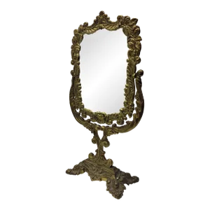 Early 1900s Vintage Vanity Table Brass Makeup Mirror with Cast Metal Design