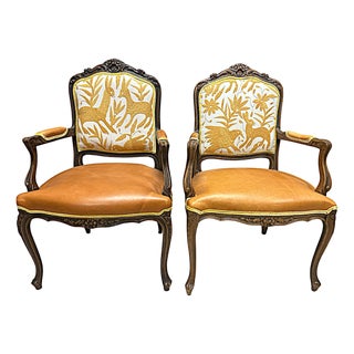'Empress Carlota' Louis XV Pair of Fauteuils - Carved Walnut Reupholstered With Otomi Hand Embroidery and Cognac Leather For Sale