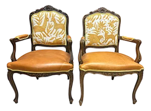 'Empress Carlota' Louis XV Pair of Fauteuils - Carved Walnut Reupholstered With Otomi Hand Embroidery and Cognac Leather