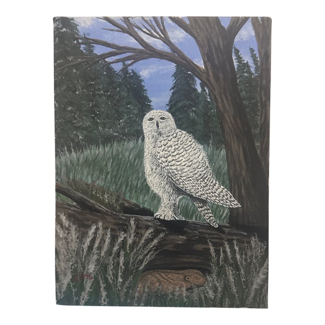 Mid-Century Modern Folk Art Style Snowy Owl Oil Painting – Original Woodland Biophilic Canvas For Sale