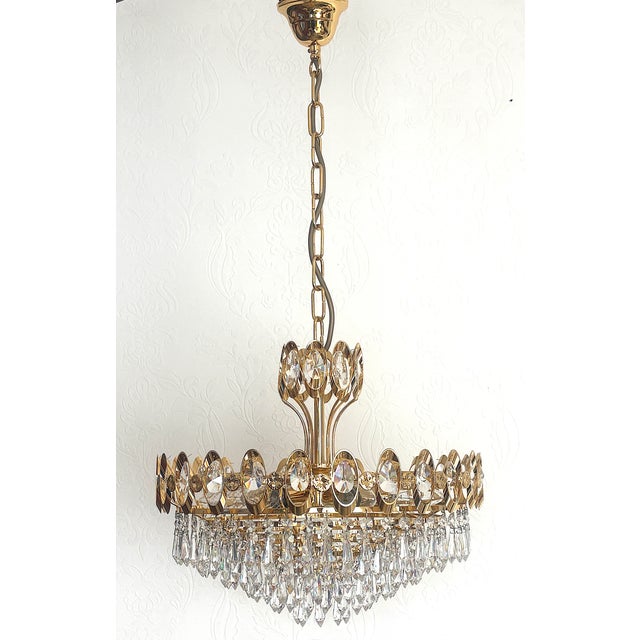1970s 24 Karat Gold-Plated Brass and Crystal Chandelier, 1970s For Sale - Image 5 of 15