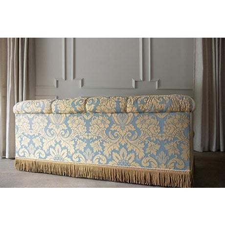Vintage Damask Traditional Tufted Rolled-Arm Sofa With Fringe Skirt For Sale - Image 9 of 18
