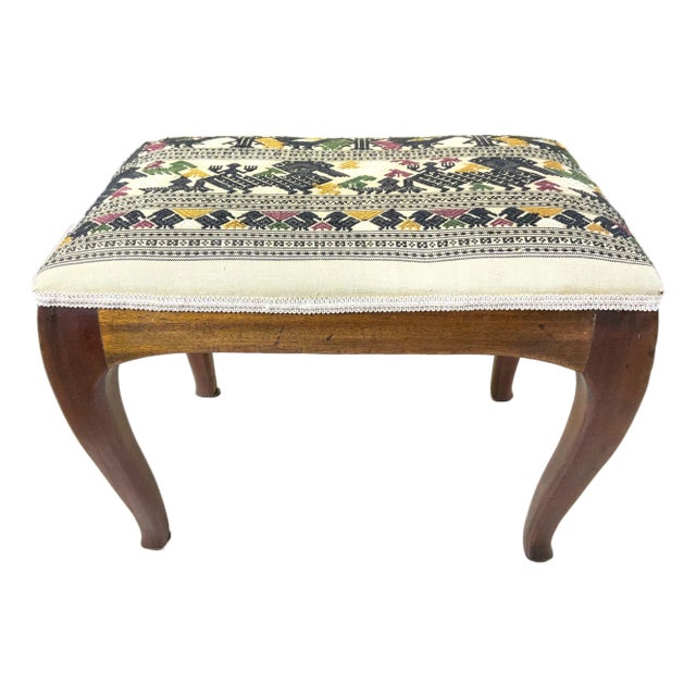 Vintage Boho Footstool – Hand Embroidery Suzani & Solid Wood. For Sale
