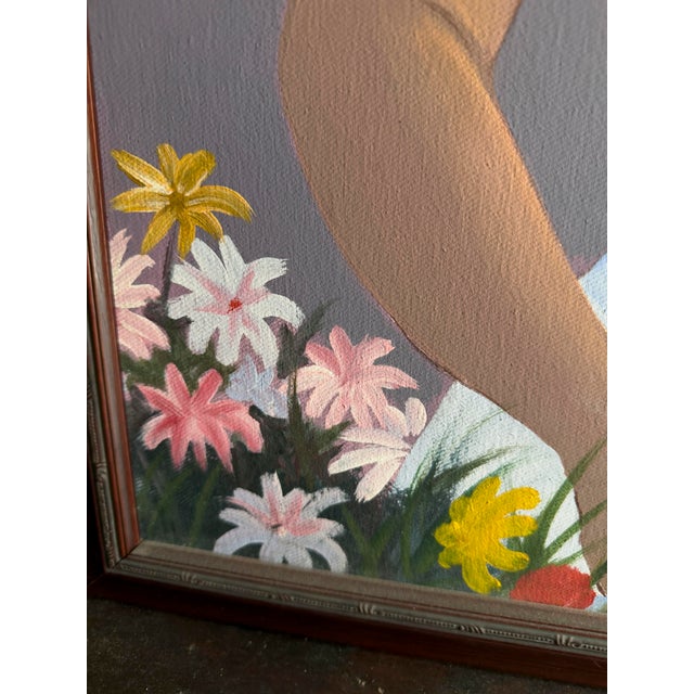 Lavender Original 1993 Folk Art Acrylic Painting Woman With Flowers Caribbean Style Portrait For Sale - Image 8 of 9