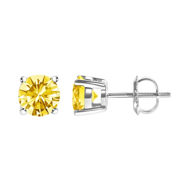 Contemporary 14K White Gold 2.0 Cttw Lab Grown Yellow Diamond Solitaire Stud Earrings (Yellow Color, VS2-SI1 Clarity) For Sale - Image 3 of 4